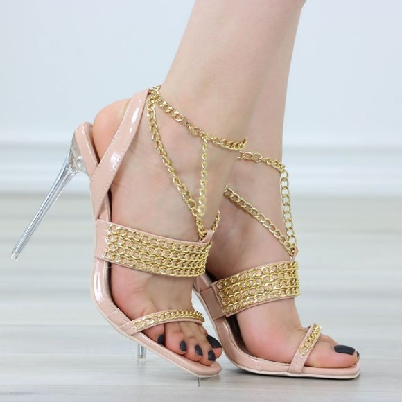 Nude Open Toe High Heel Sandals Gold Chain  Ankle Strap Patent Leather - Picture 4 of 13